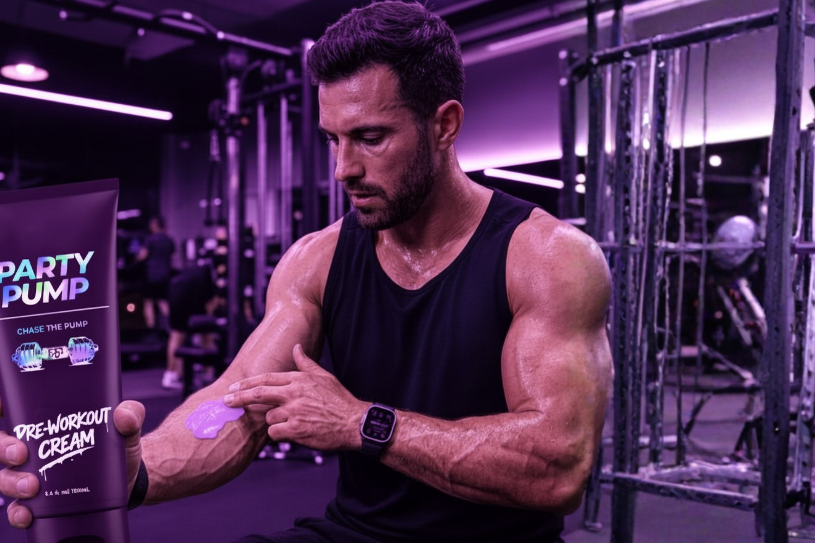 Man applying pre-workout cream to his arm in a gym setting